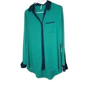 Free People Sheer and Satin Button Down Blouse Green Size Small